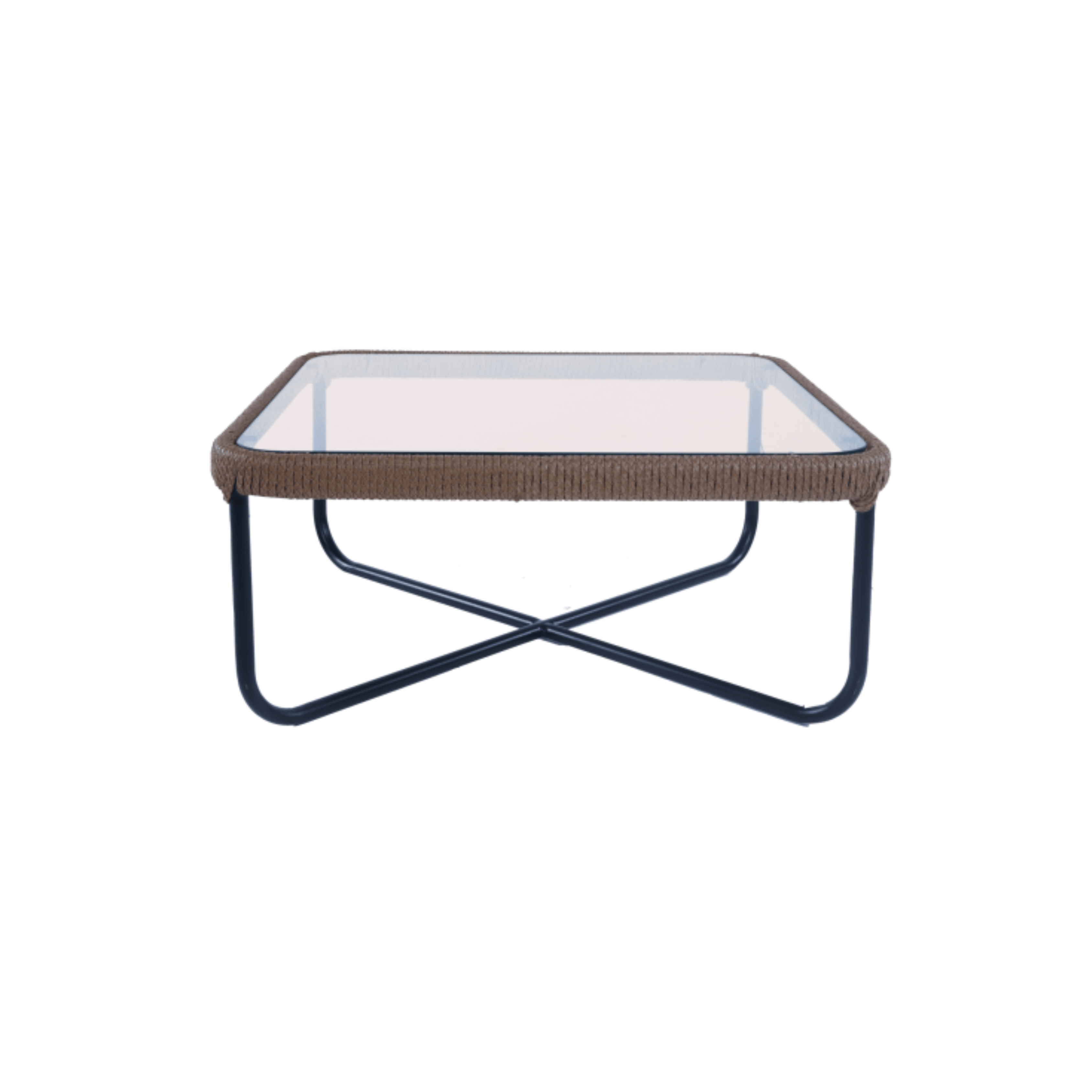 Glass-top coffee table with nylon weaving and metal base.