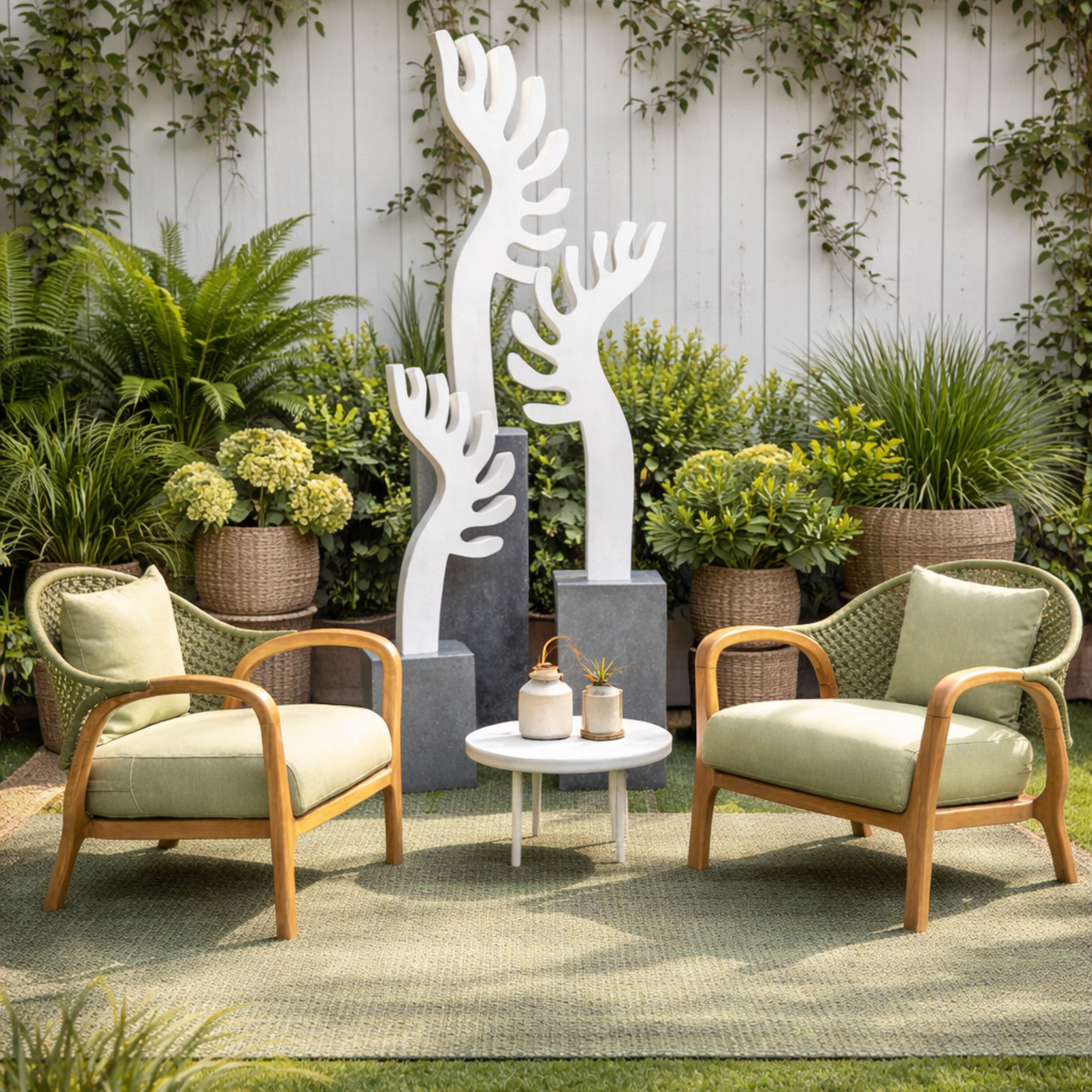 Outdoor patio setting with two lounge chairs, a side table