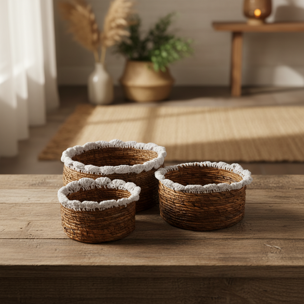 Set of threewoven baskets with white rims