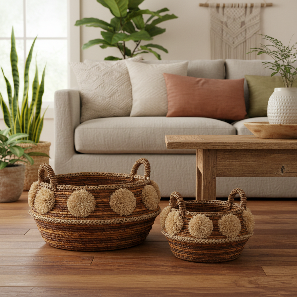 Two hand-woven baskets with pom-pom accents.