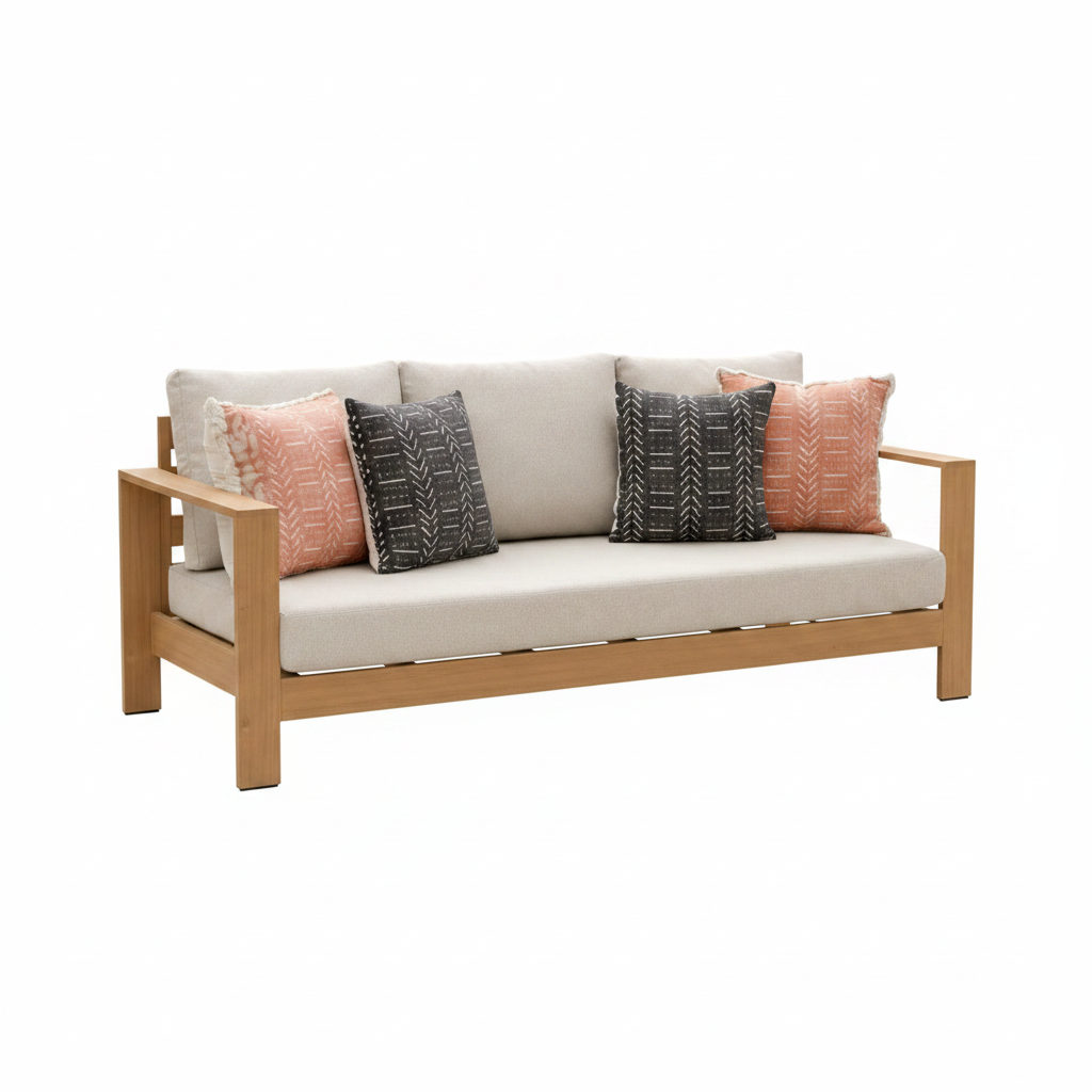 Outdoor patio furniture set with wooden finish metal framework.