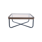 Glass-top coffee table with nylon weaving and metal base.
