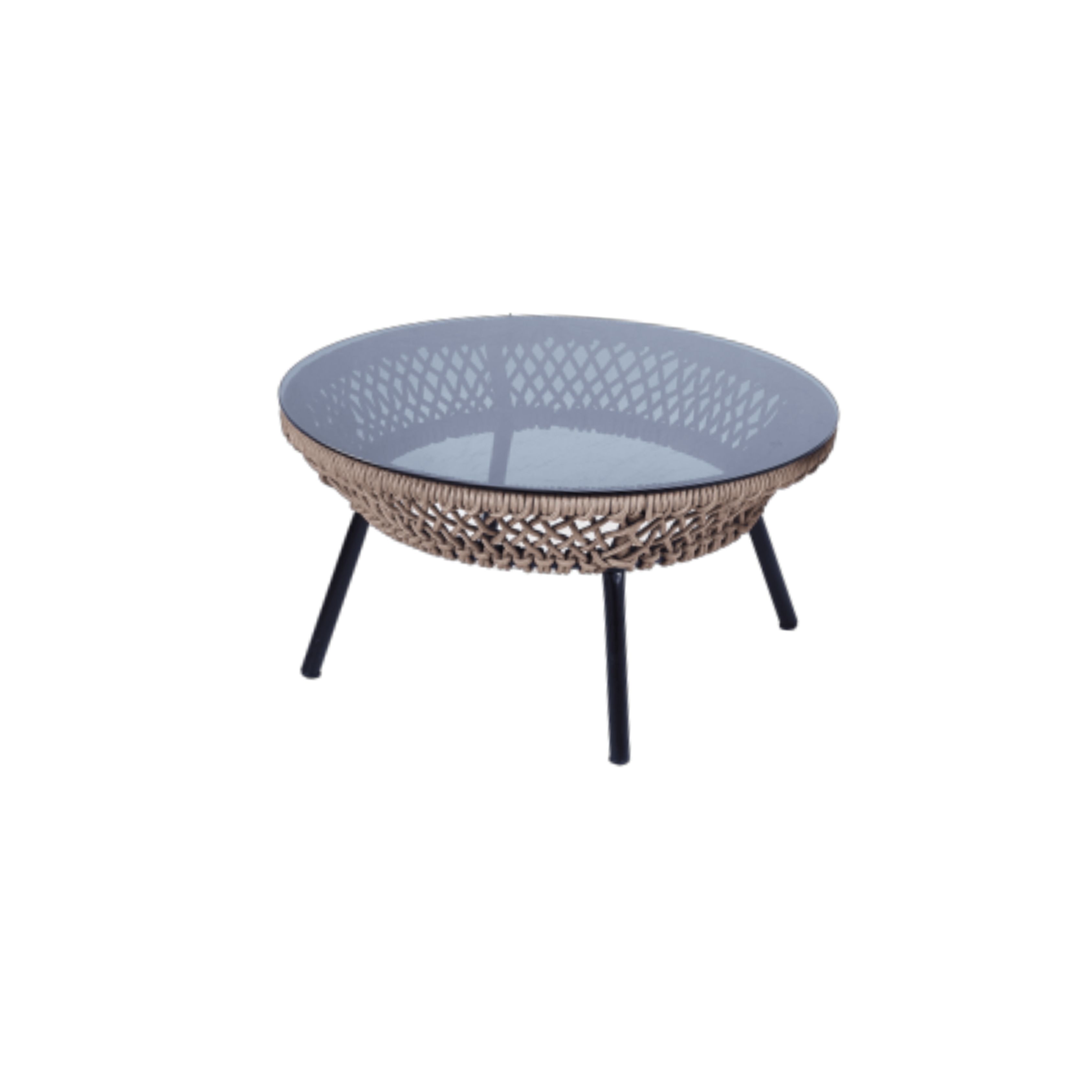 Round outdoor table with woven base and glass top 