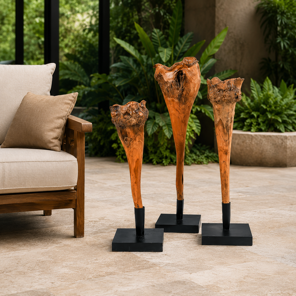 Three acacian wooden mini candle holder floor decors on stands in an outdoor setting 