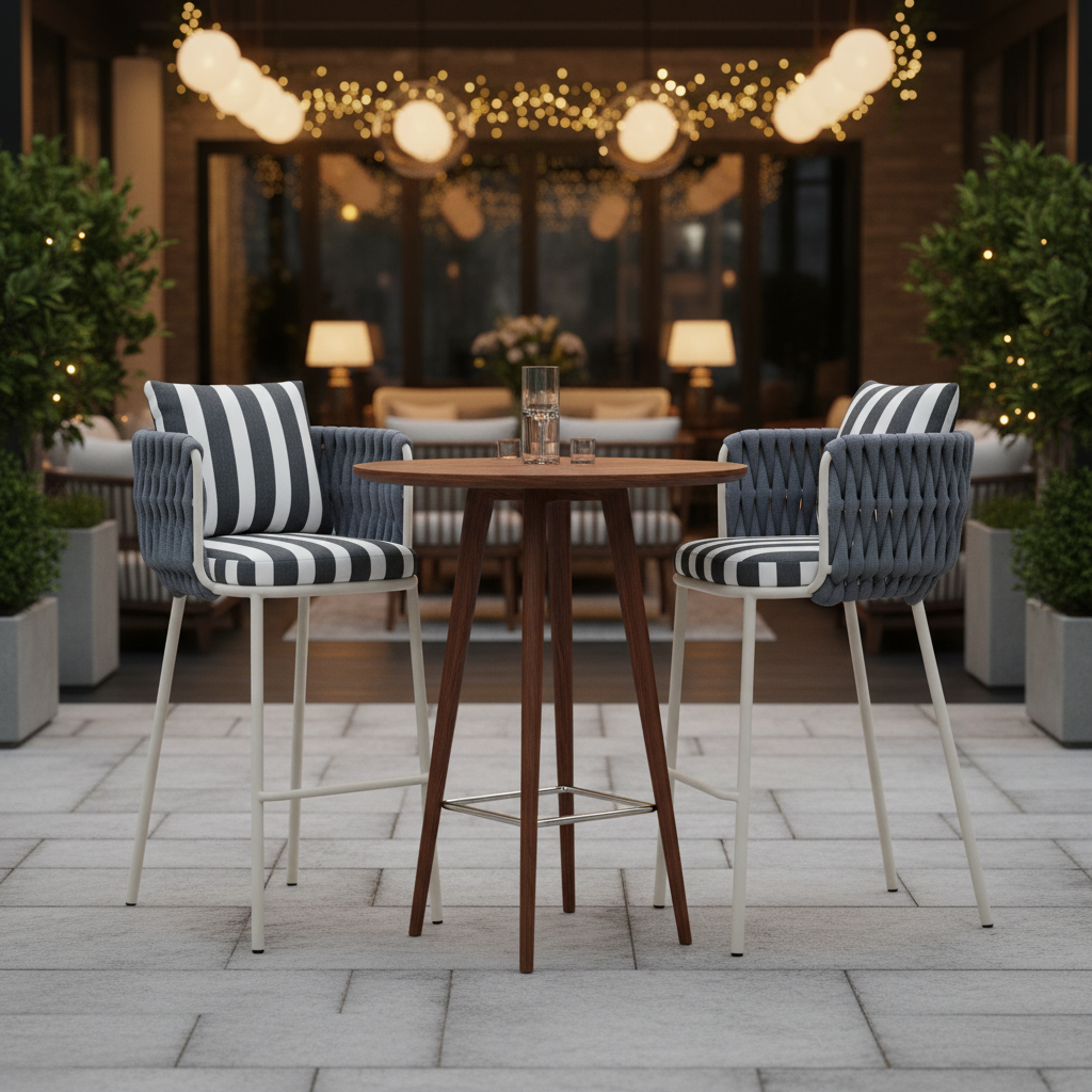 Bar stool with striped cushion and quilted backrest 