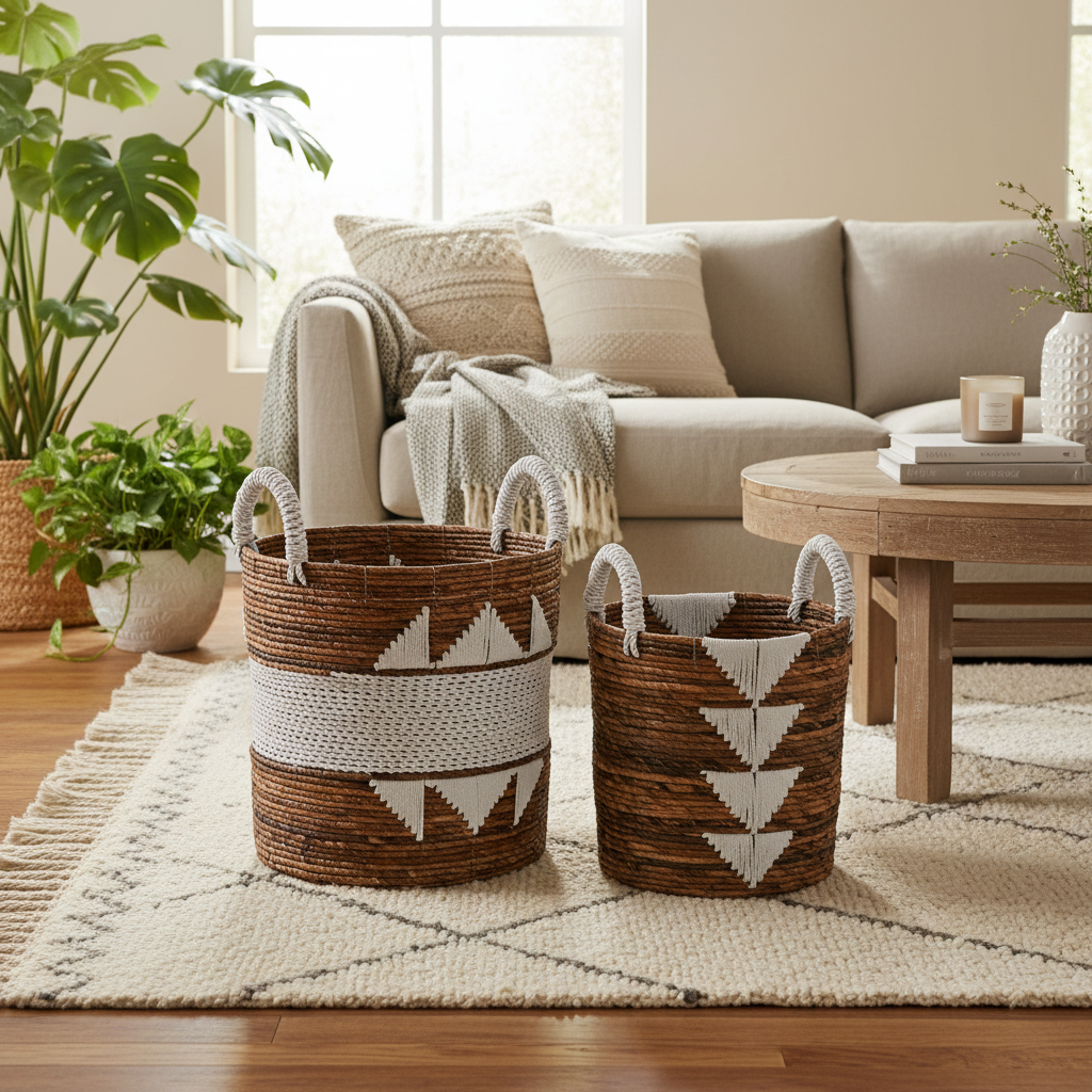 Two woven baskets with decorative patterns