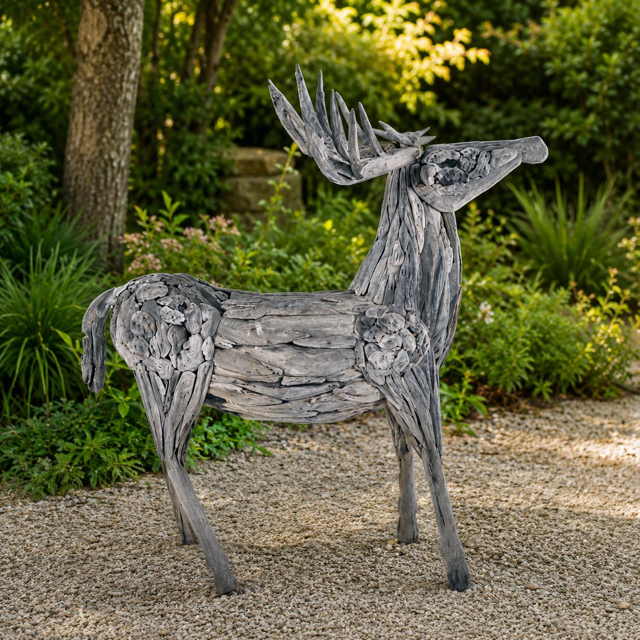 Wooden deer sculpture in a garden setting