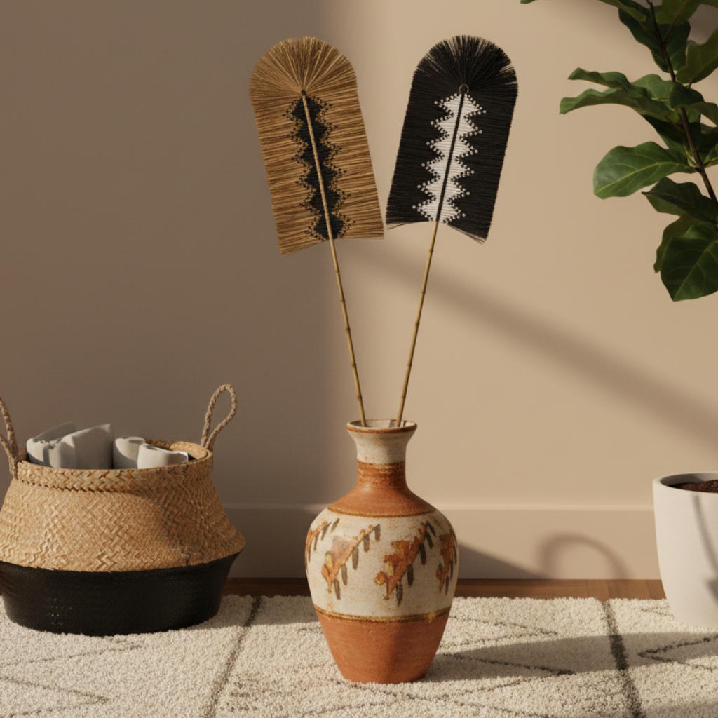 Two feather dusters, one beige and one black and white.
