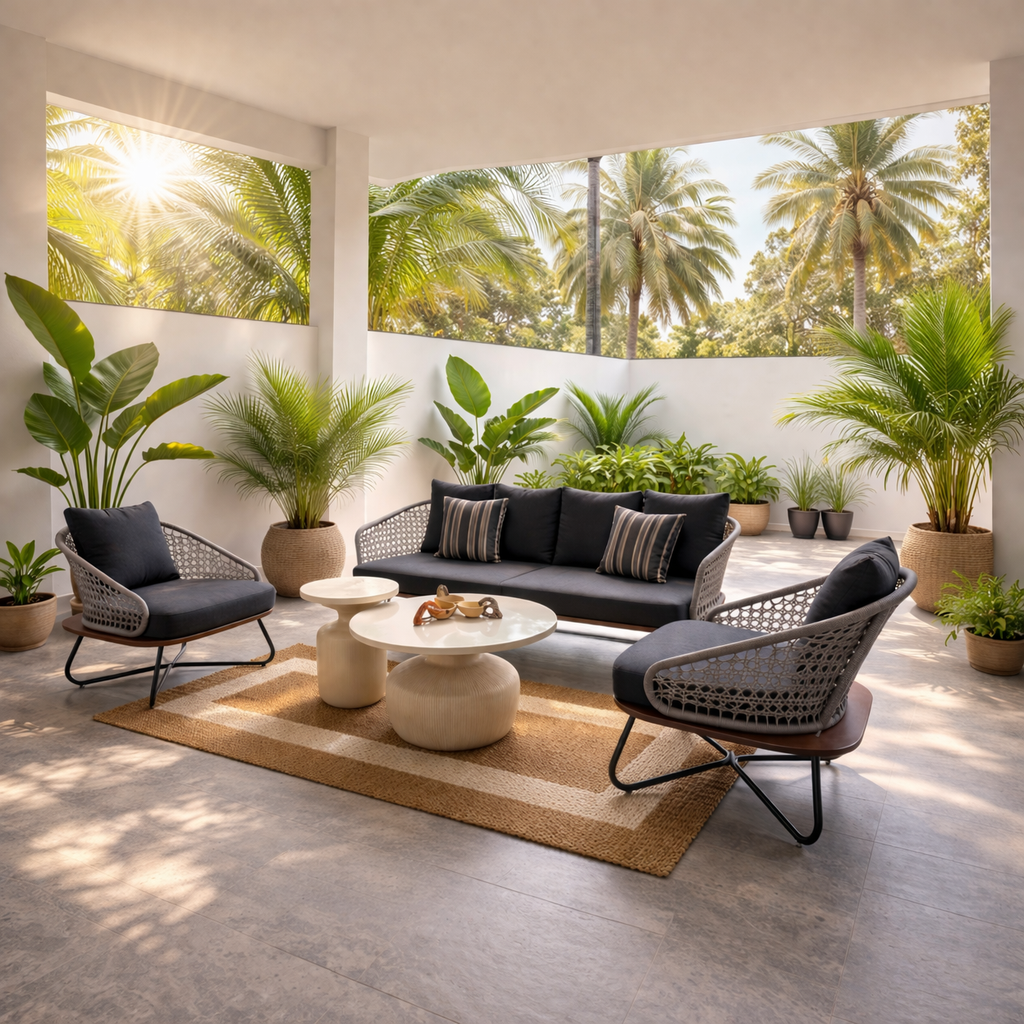 Modern sofa with the fusion of metal and teakwood which has intricate nylon weaving.