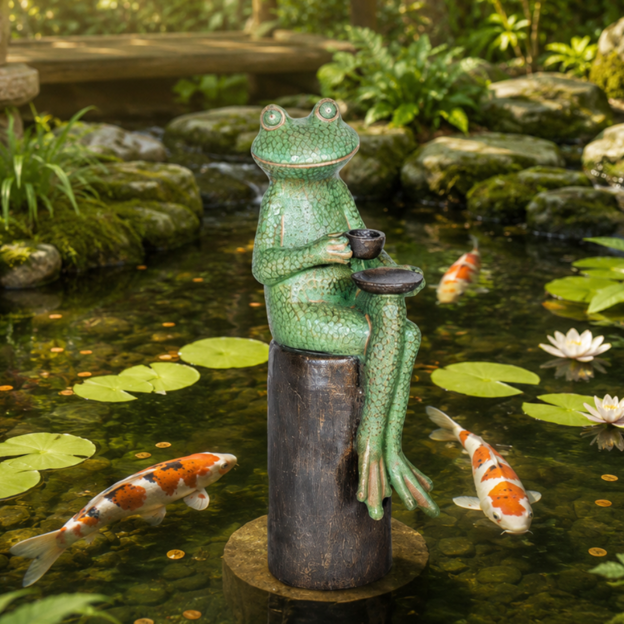 Frog statue with a cup on a stone in a pond with koi fish and lily pads.