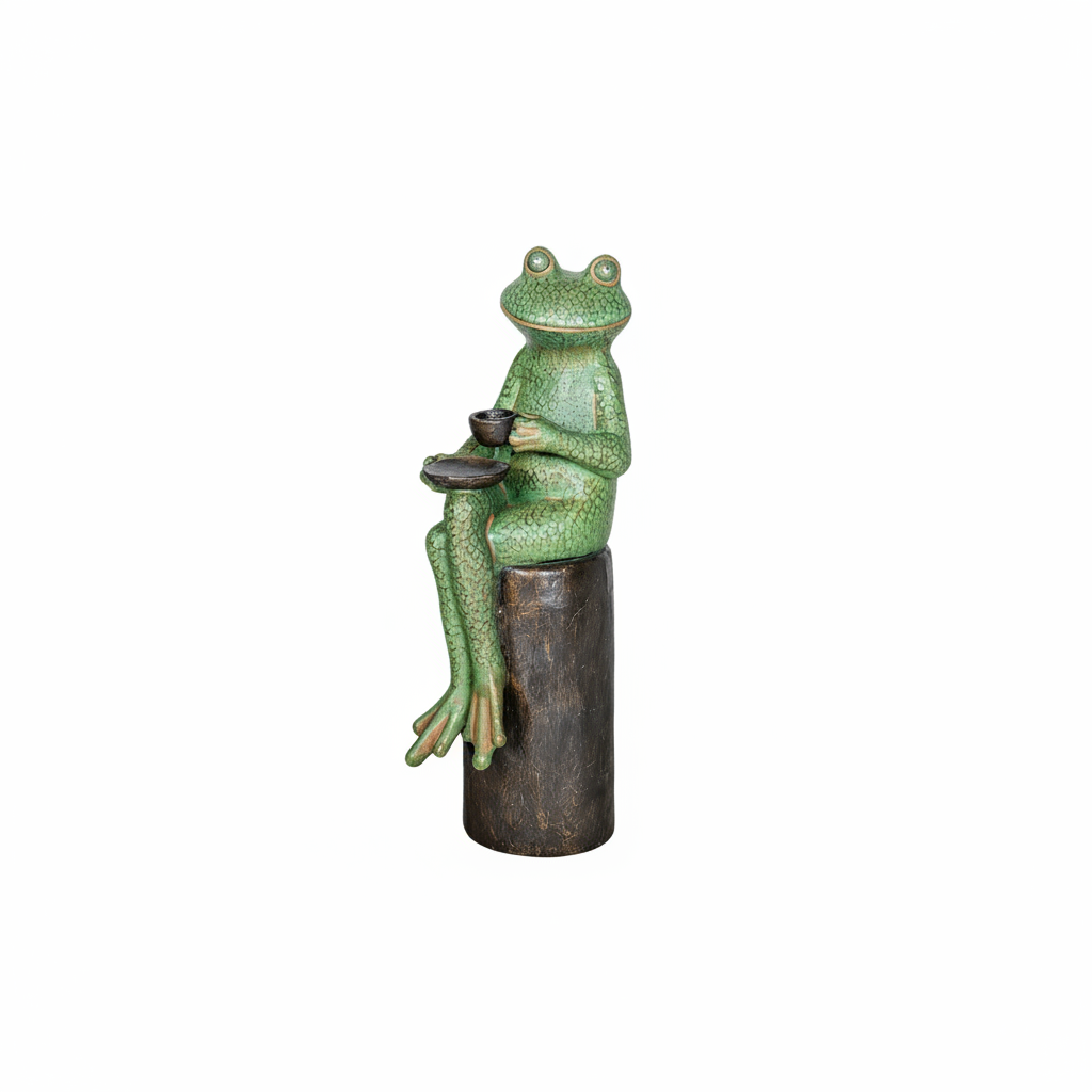 Frog statue with a cup on a stone in a pond with koi fish and lily pads.