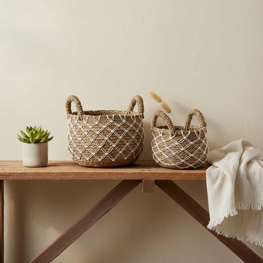 Two woven baskets with diamond pattern 
