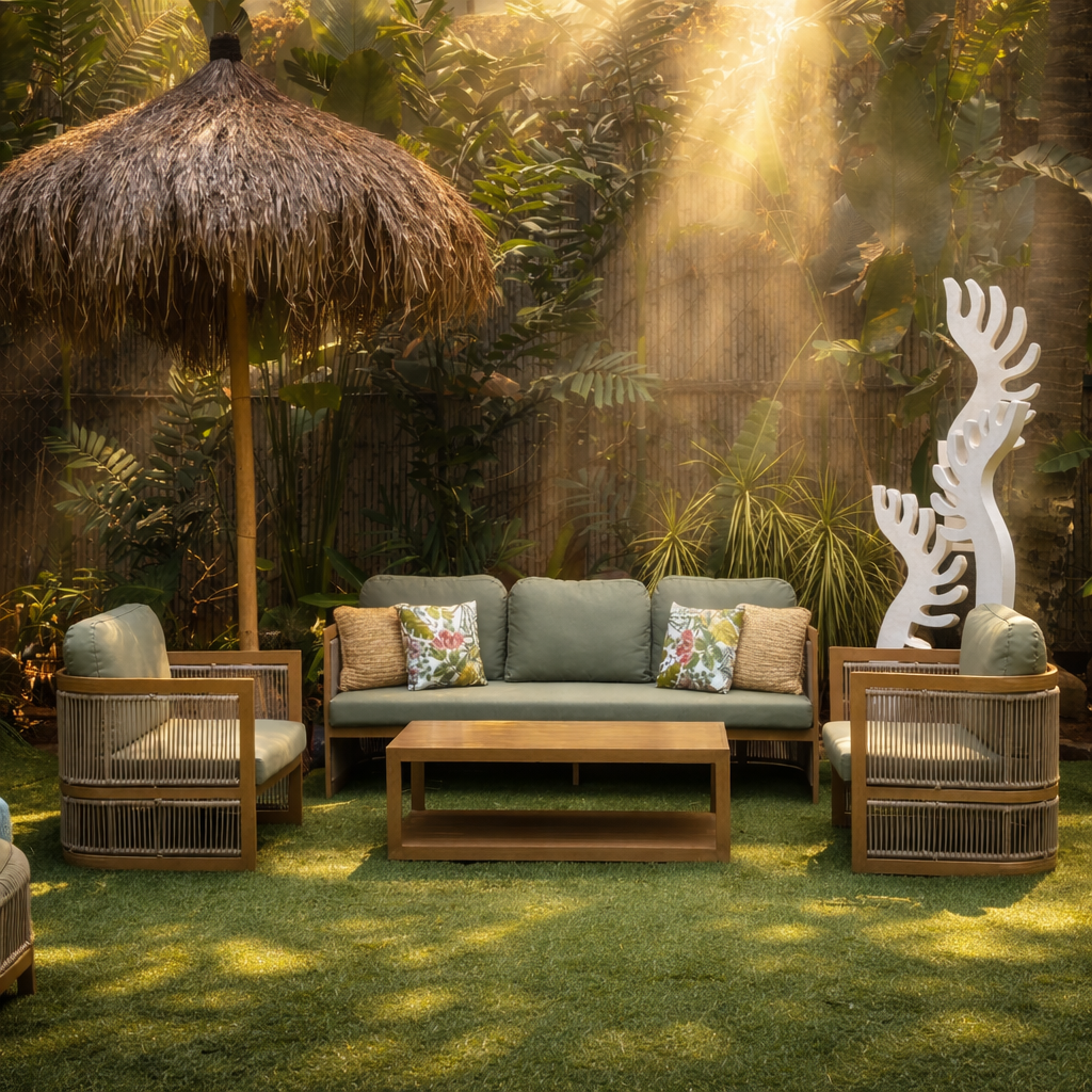 Outdoor patio set with a metal framework with intricate nylon weaving.