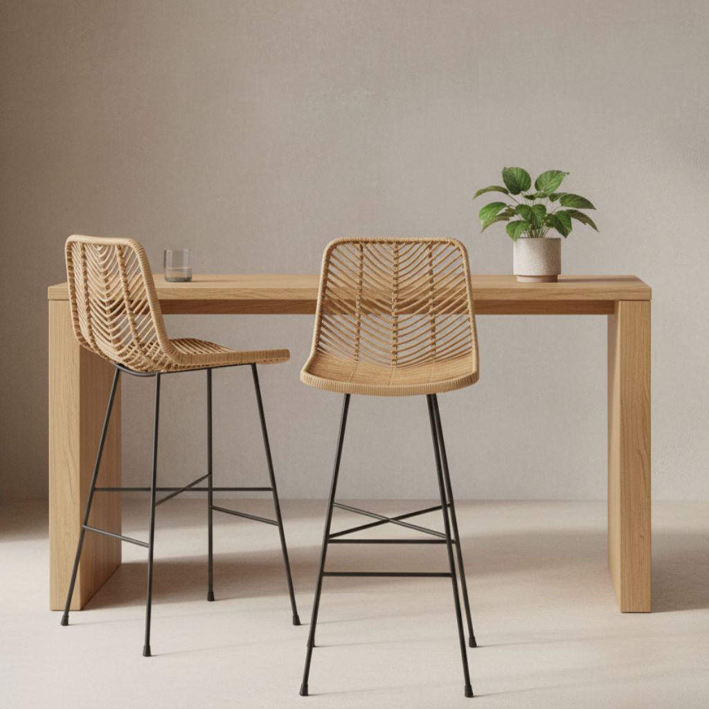 Bar stool with weaved backrest