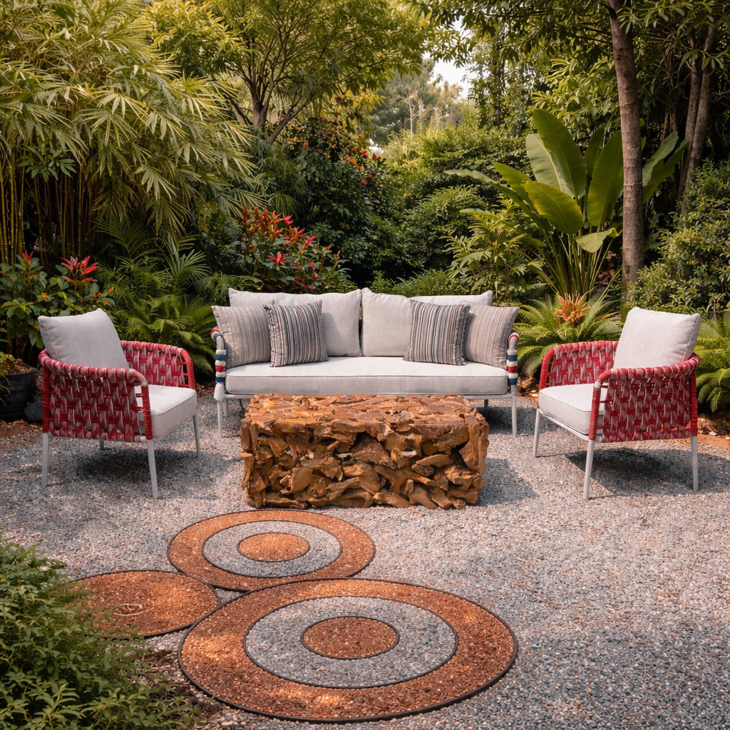 Outdoor sofa with multi-colour intricate nylon weaving