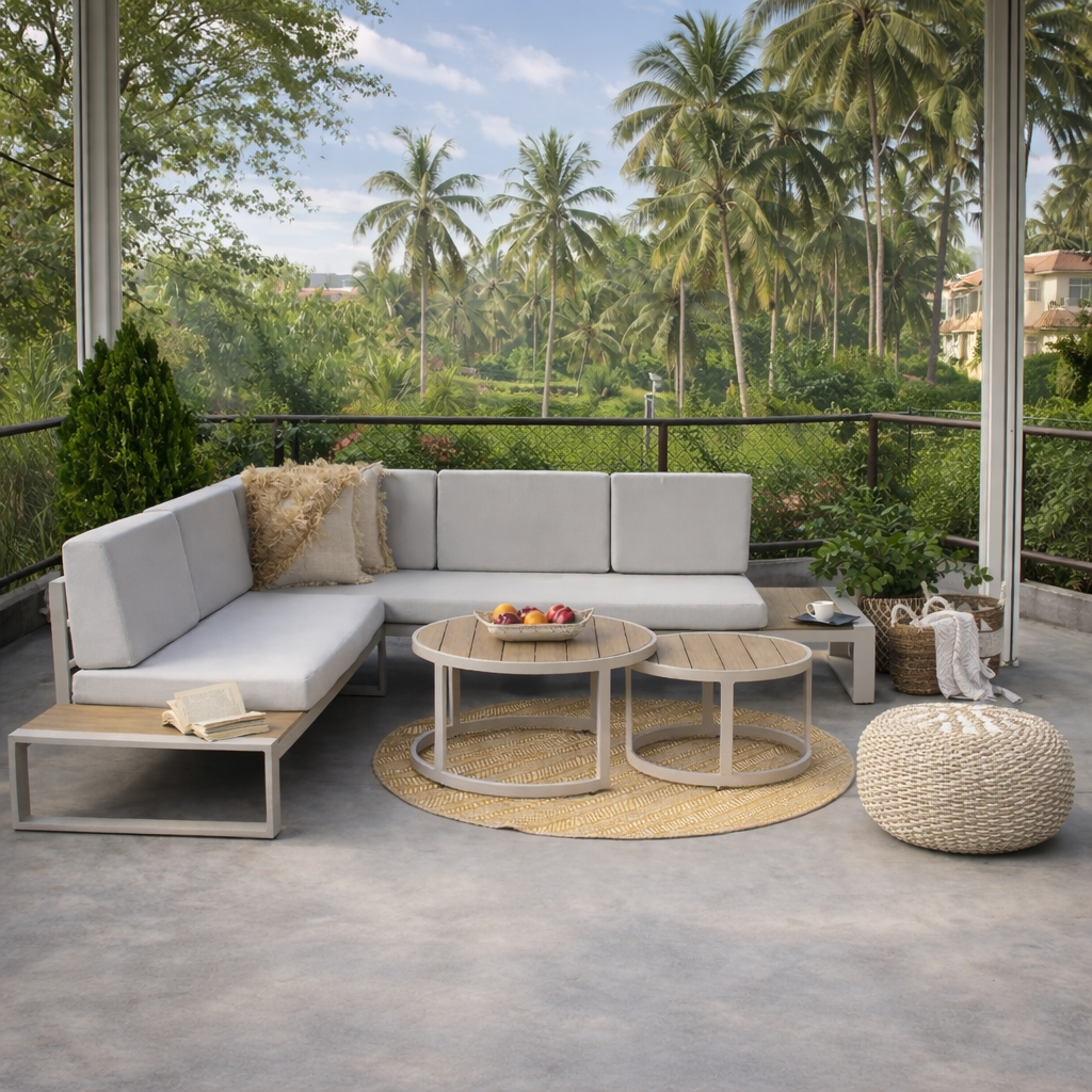 Outdoor sectional sofa accompanied with outdoor center tables