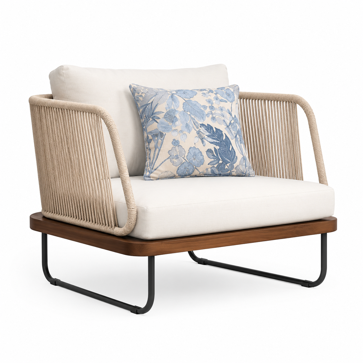 Modern outdoor chair with white cushions and a floral pillow 