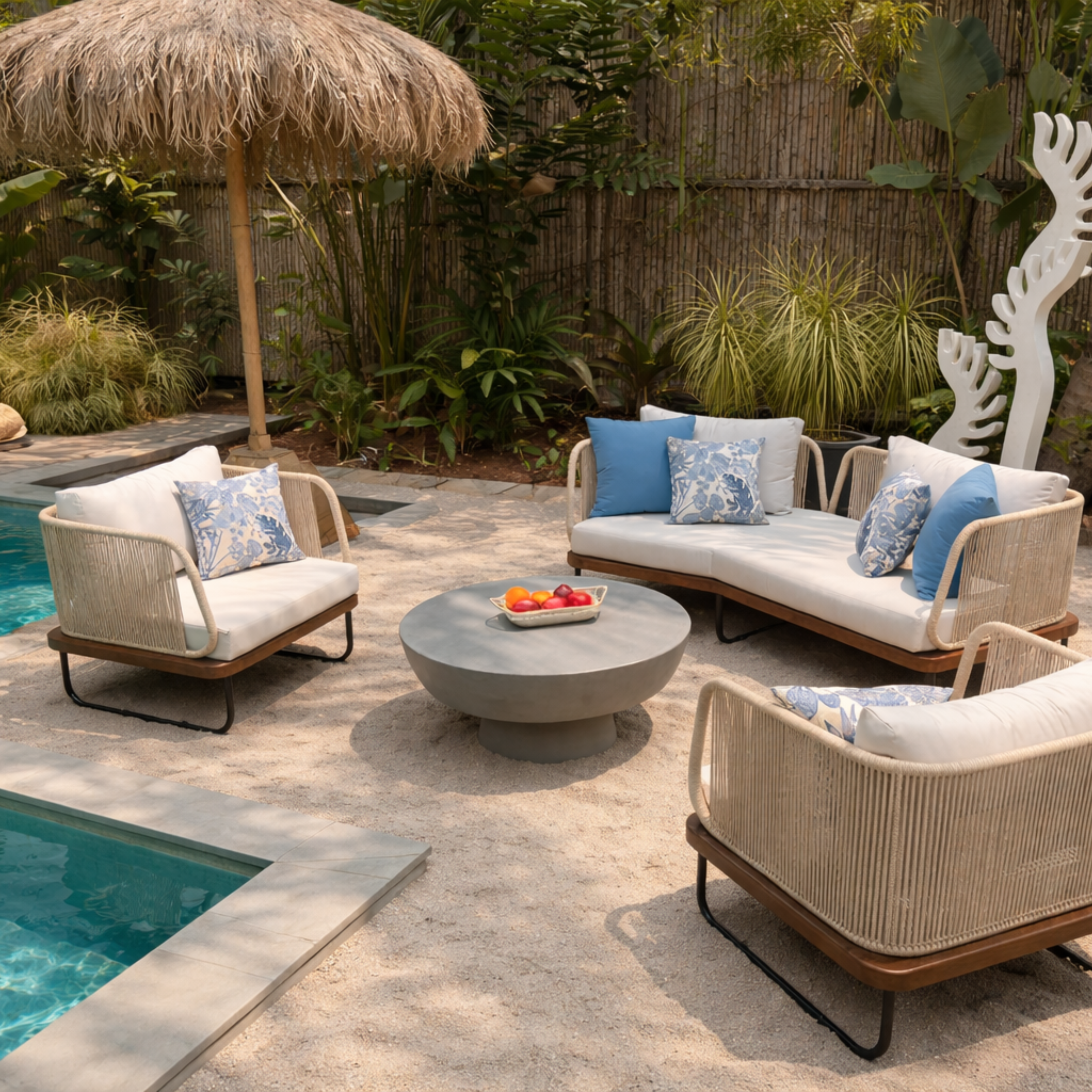 Outdoor sofa set which has a fusion of solid teakwood base and powdercoated metal frame work.