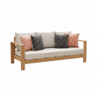 Outdoor patio furniture set with wooden finish metal framework.