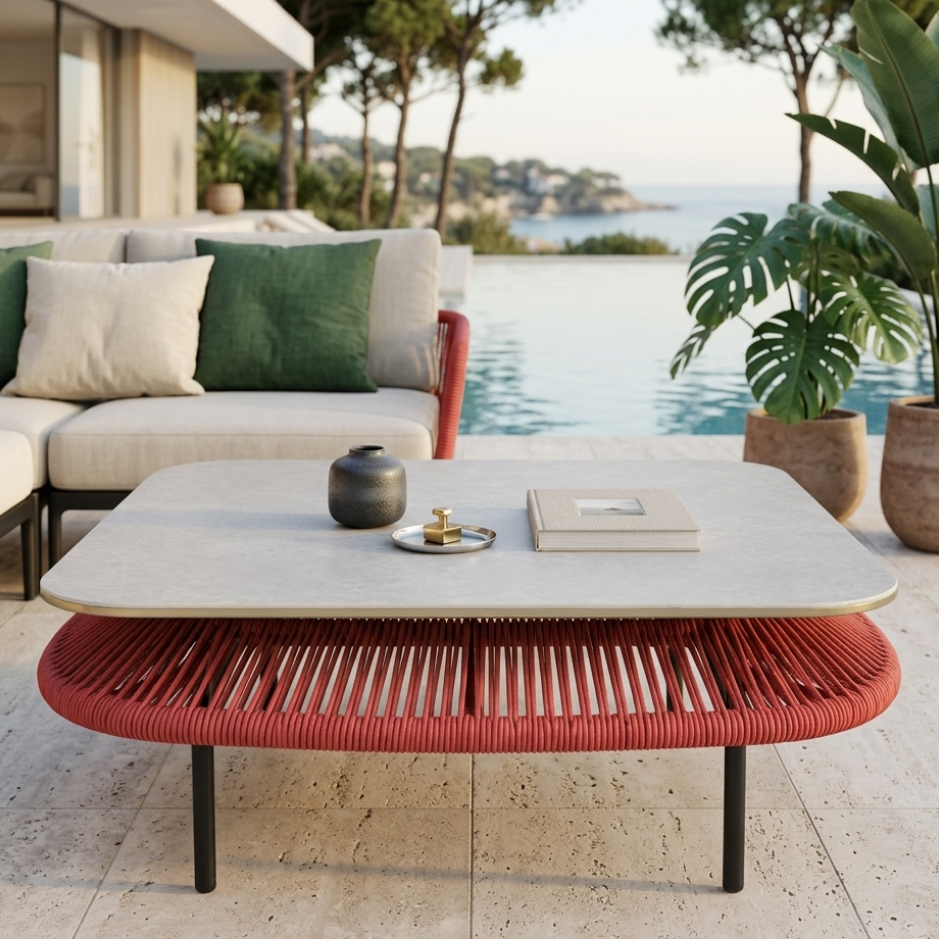 Outdoor patio setting with a modern sofa, coffee table.